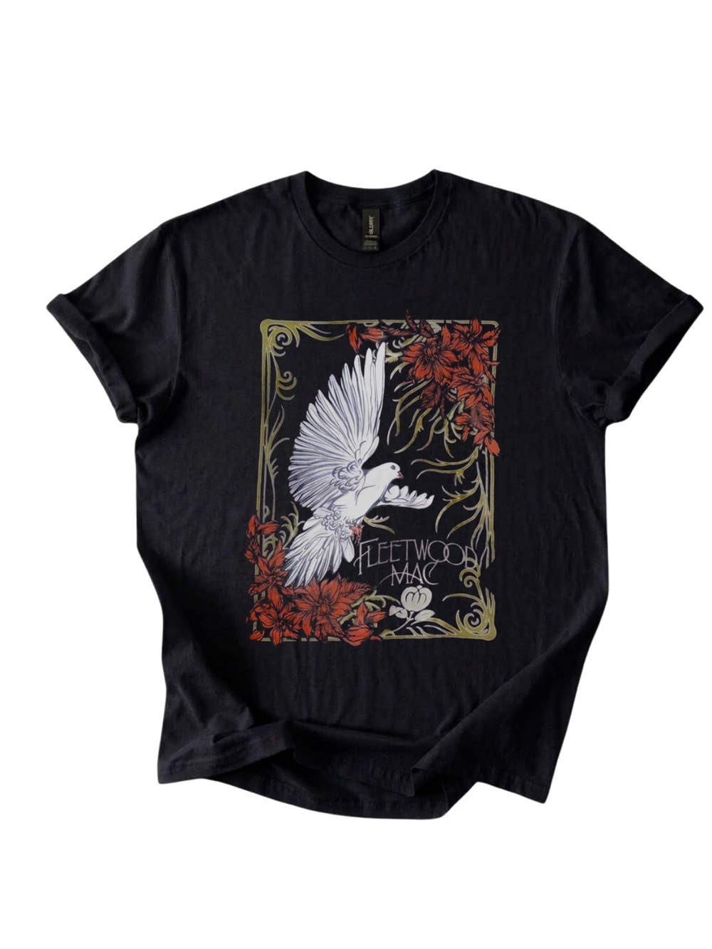 Gildan Black Graphic Tee with Dove and Floral Design